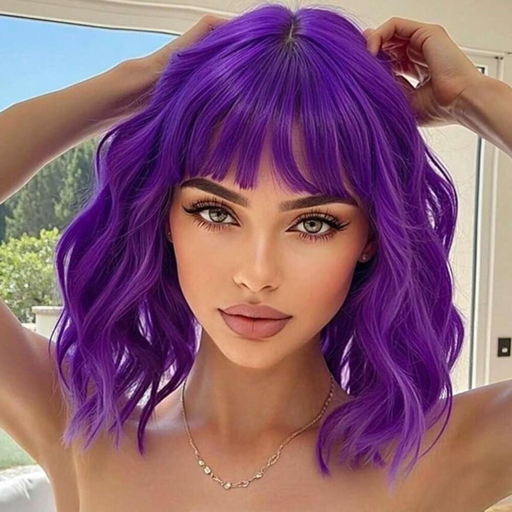 Women's Dark Purple 14 Inch Short Pastel Curly Shoulder Length Synthetic Wig